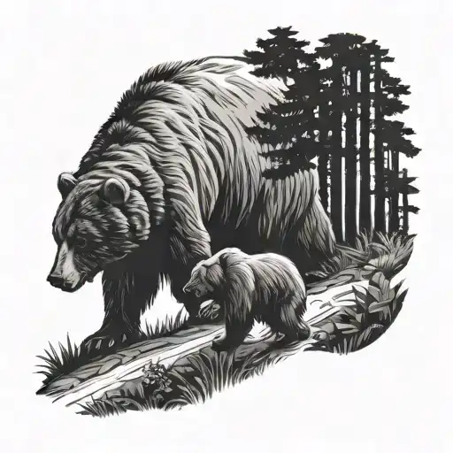 a silhouette image of a young woman and a large realistic bear walking side by side down a path in the woods tattoo design idea