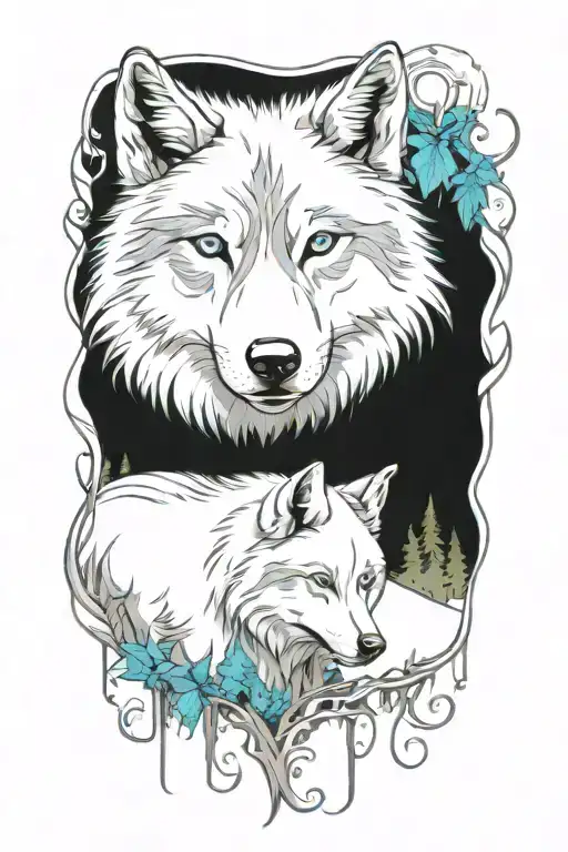 wolf blue eyes forest landscape tattoo design idea