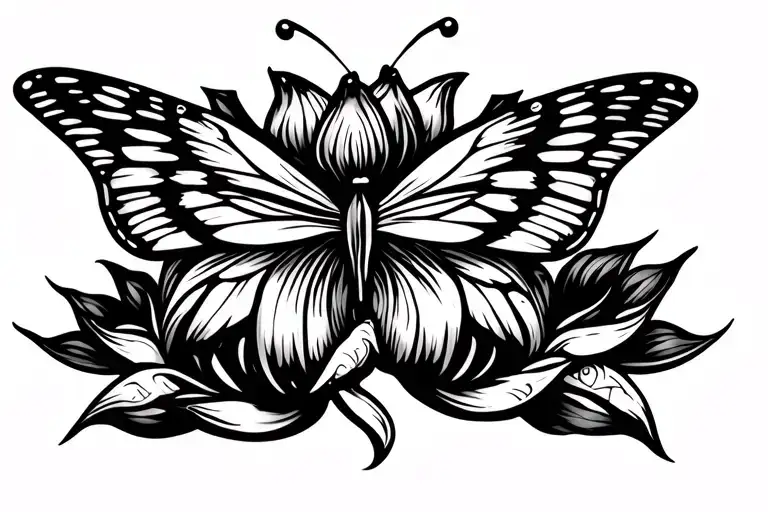 tribal morpho butterfly with long wings flying from top of lotus flower with 2 horizontal snakes tattoo design idea