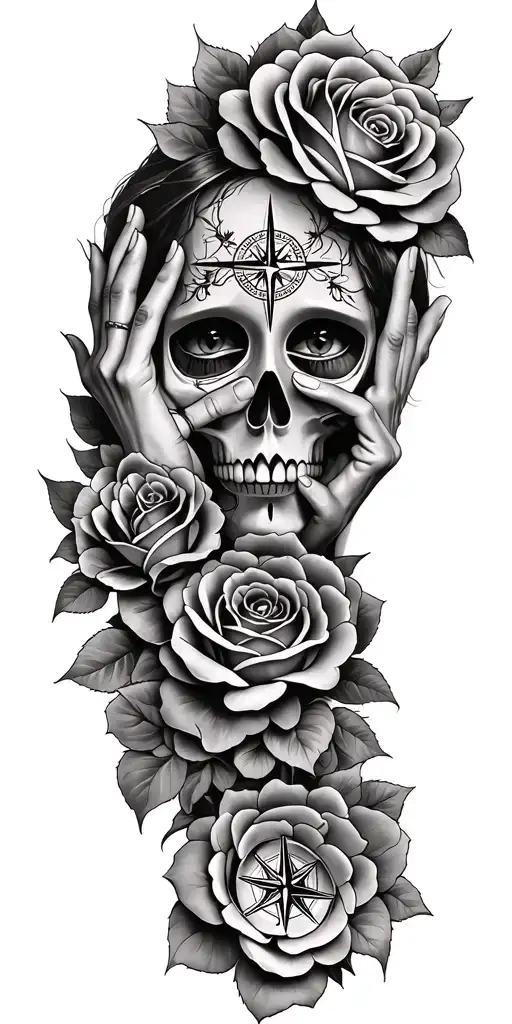 roses, Japanese death mask, compass, mythology tattoo hands covering eyes and ears tattoo design idea
