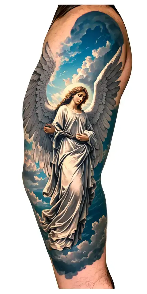 angel on forearm, cloudy sky on shoulder, biblical symbols, heavenly atmosphere, light tattoo design idea