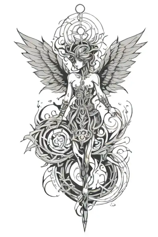a six-winged seraphim with wings and horns in an abstract style  tattoo design idea