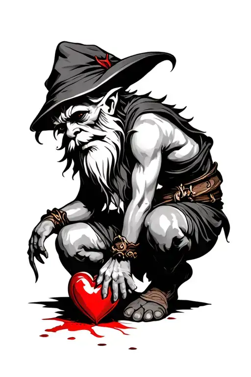 Evil Redcap Gnome Kneeling over a Bloody heart tattoo design idea