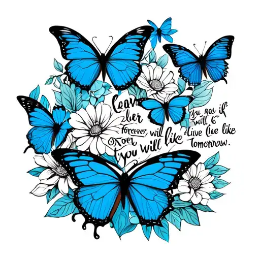 blue butterflies with flowers with "Learn as if you will live forever, live like you will die tomorrow.” tattoo design idea