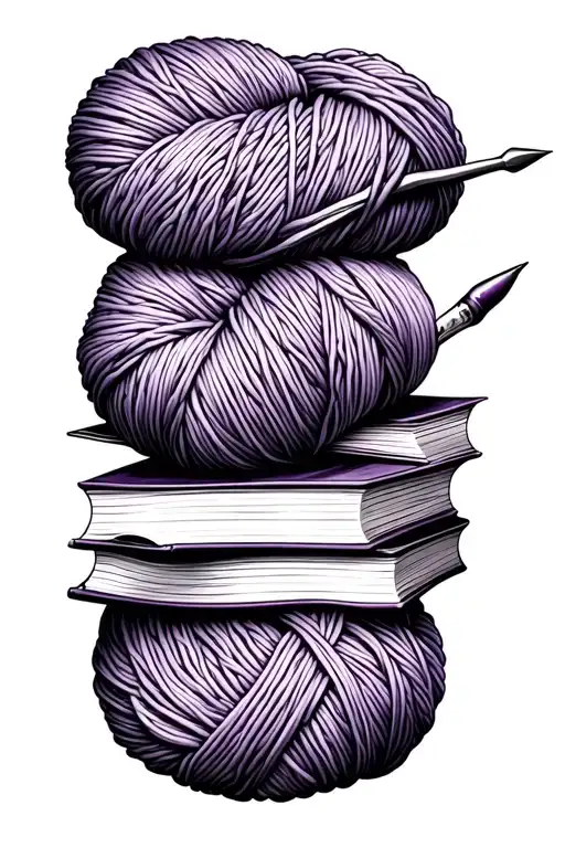 lilac, book and crochet hook and yarn intertwined tattoo design idea