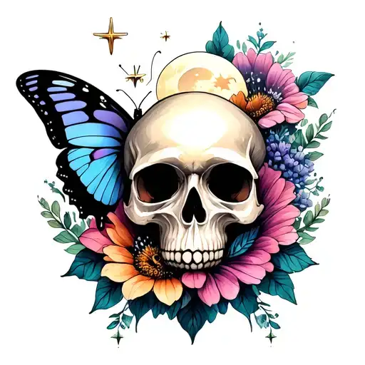 skull flower moon butterfly stars thoughts tattoo design idea