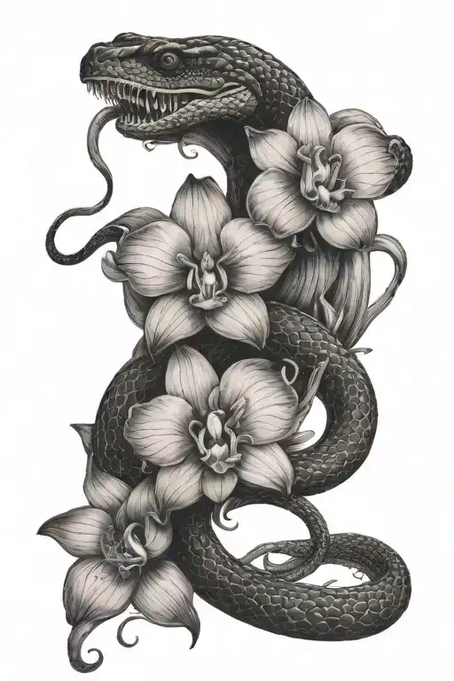 left hand forearm tattoo with a black mamba snake the moon orchid flowers in a dark feminine  tattoo design idea