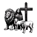 Jesus, gates, lion, lamb 3 crosses tattoo design idea