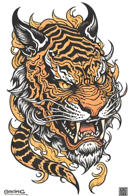 oni demon tiger flames tattoo design idea