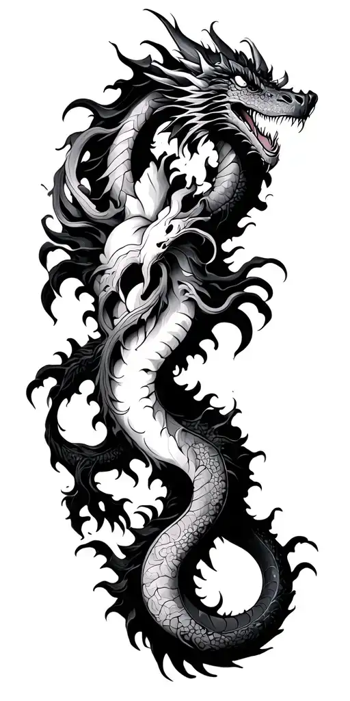 Blackwork cover-up tattoo: transform old heart with infinity loop into a dynamic dragon, heavy black shading, hidding. tattoo design idea