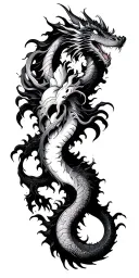 Blackwork cover-up tattoo: transform old heart with infinity loop into a dynamic dragon, heavy black shading, hidding. tattoo design idea