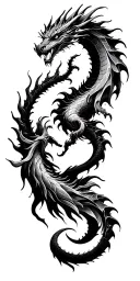 Blackwork cover-up tattoo: transform old heart with infinity loop into a dynamic dragon, heavy black shading, hidding. tattoo design idea