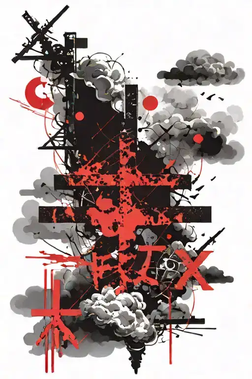 Japanese clouds with the letter gara and 3 crosses with crucified people tattoo design idea