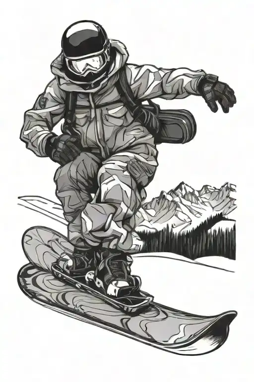 black and white sketch for tattoo in graphics snowboarder riding a snowboard in a slope from behind snowy mountains tattoo design idea