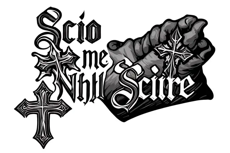 Tattoo on the forearm, the inscription in the Gothic style: "Scio Me Nihil Scire" and Crosses tattoo design idea