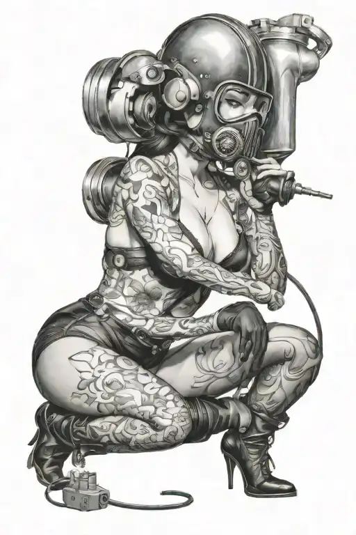 sexy pin up donning welding mask and lingerie, big, round ass,  over on her knees using torch, she's very fit.   tattoo design idea
