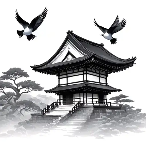 japanese temple with swallow birds  tattoo design idea