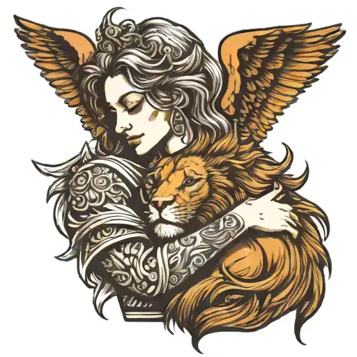 angel hugging a lion head tattoo design idea