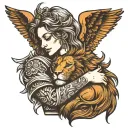 angel hugging a lion head tattoo design idea