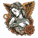 angel hugging a lion head tattoo design idea