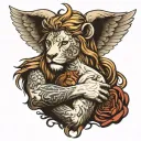 angel hugging a lion head tattoo design idea