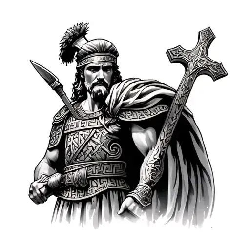 Greek roman warrior, catholic cross, greek quote written tattoo design idea
