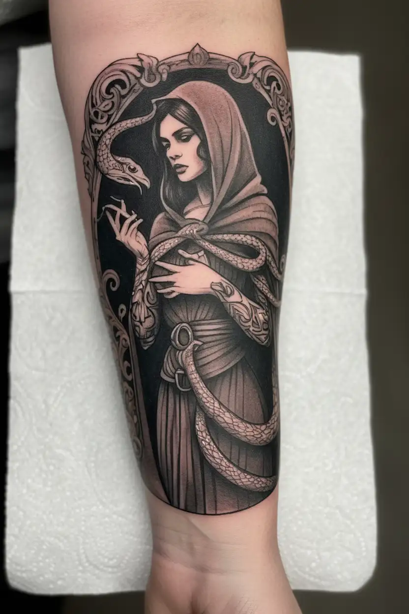 lilith standing in a cloak holding a snake tattoo design idea