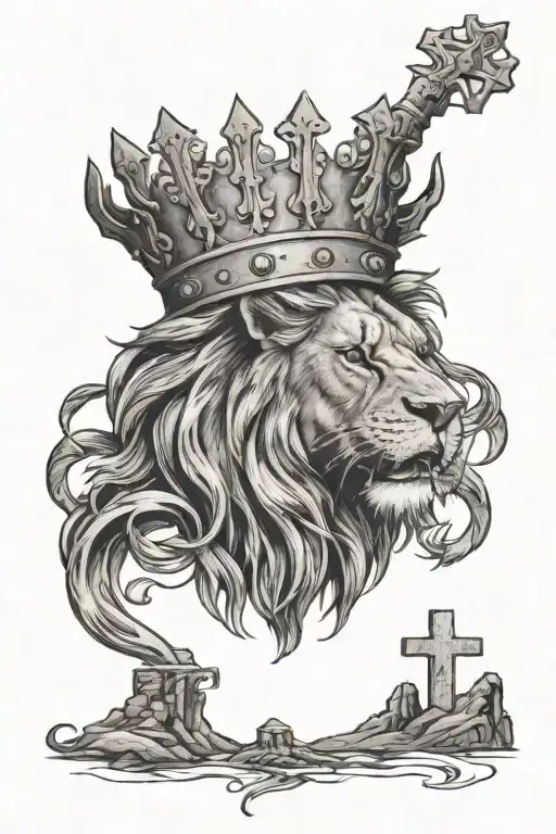 a lion head with a crown growling with 3 crosses underneath it on a hill with the verse Luke 1:37  tattoo design idea
