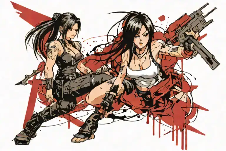 tifa final fantasy 7 fighting monsters topless tattoo design idea