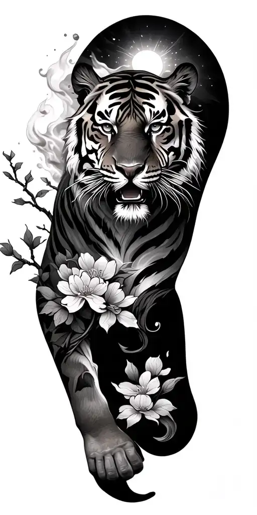 tiger going down arm with a sun on the shoulder and smoke and fire around the tiger and a sakura branch going down  tattoo design idea