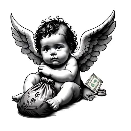 baby cherub with money bag tattoo design idea