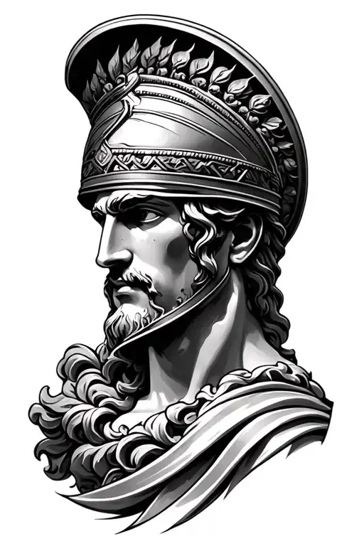 outer forearm half sleeve tattoo of the Greek god Apollo wearing a god helmet  tattoo design idea