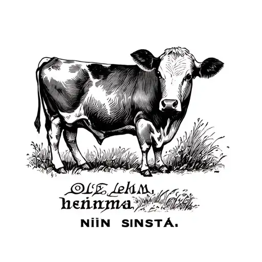 "Ole lehma, niin sinusta" old illustration of a cow, facing side view, text below the illustration in an 1800s style font tattoo design idea