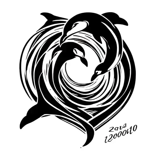 two dolphins leaping upward in a spiral heart with a date under it tattoo design idea