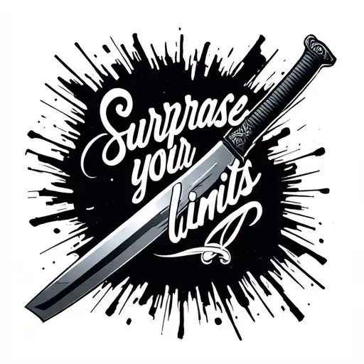 katana with quote "surpass your limits" tattoo design idea