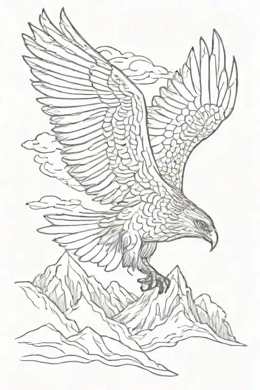 flying falcon against the background of snow-capped mountains and clouds tattoo design idea