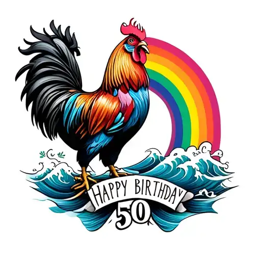 Create a tattoo with a rainbow, rooster and waves with a 50th birthday theme.  tattoo design idea