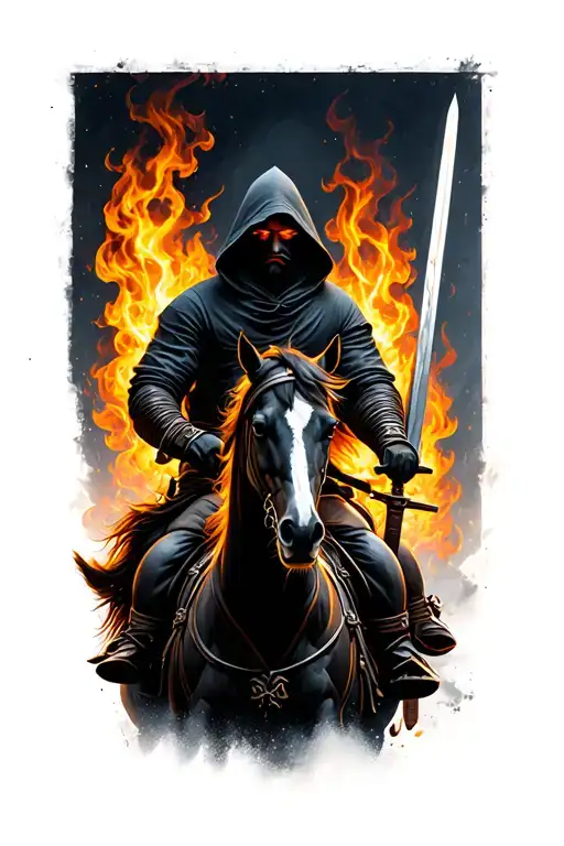 Hooded robbed man, shadow face, flames out of eyes, holding a sword, riding a horse. tattoo design idea