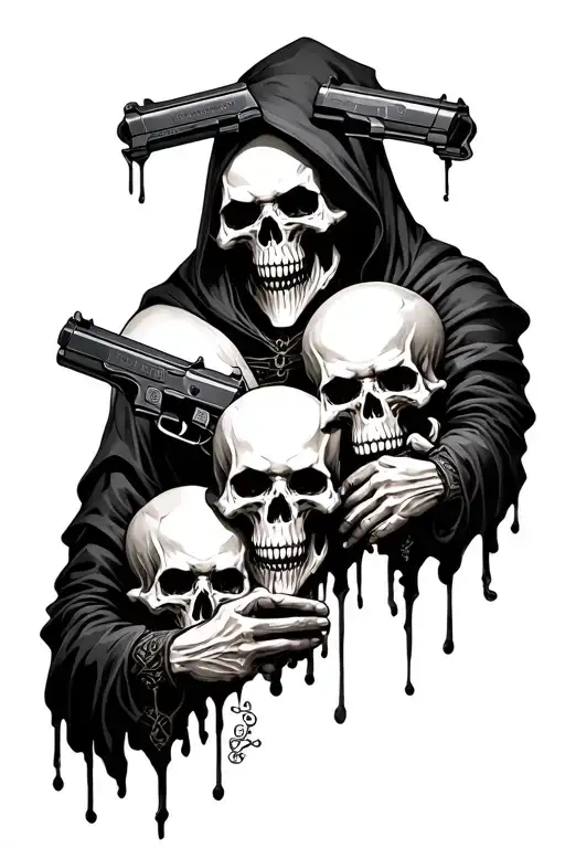 reaper speak no evil with the reaper covering the second skulls mouth and the third skull holdinf 2 glocks to the reaper tattoo design idea