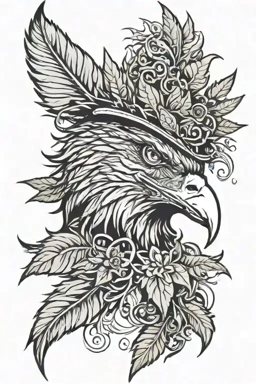 Eagle's head, three-quarter view. Surrounding feathers resemble stylized cannabis leaves, framing the face. tattoo design idea