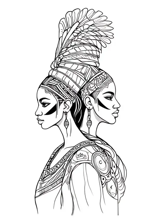 two beautiful African women faces war paint warriors. African tribal background  tattoo design idea