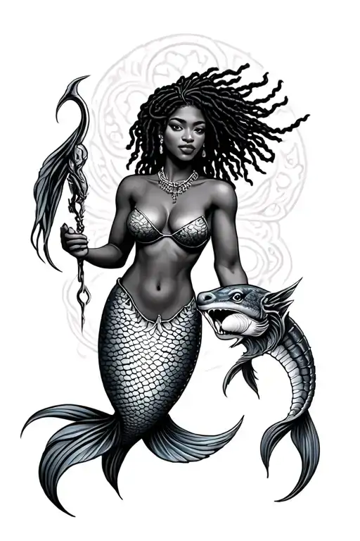 African mermaid with locs holding triton holding tattoo design idea