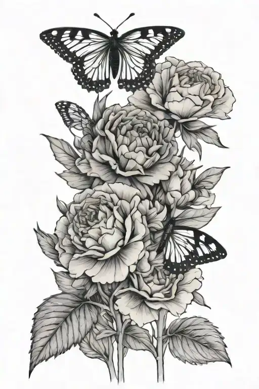 carnation bouquet fine line with single butterfly tattoo design idea