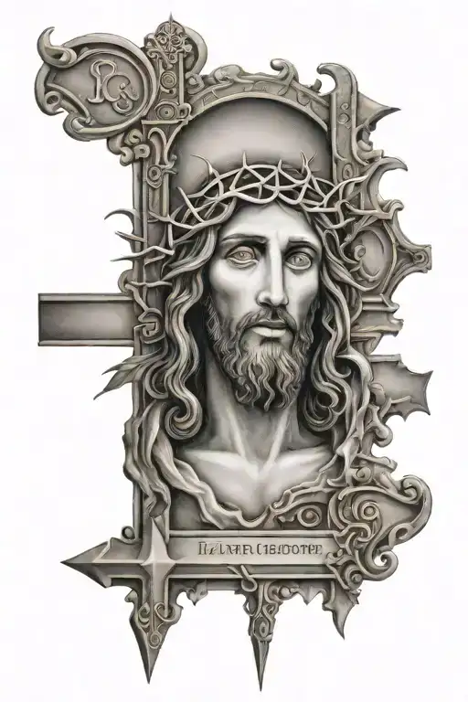 face of Jesus Christ with gates leading to heaven and a man entering with the date he was born and passed away tattoo design idea