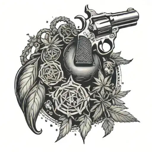 An intricate design featuring a money bag overflowing with cannabis buds and a revolver, representing the hustle, power, and danger associated with the client's interests tattoo design idea