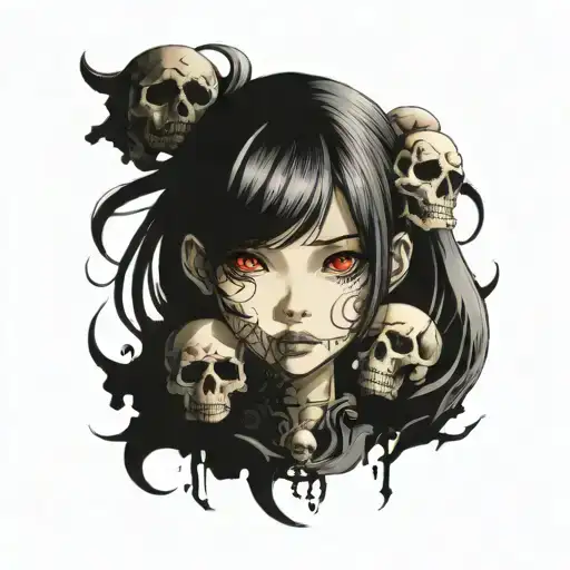 a beautiful Japanese girl with skulls, tight coloring. tattoo design idea