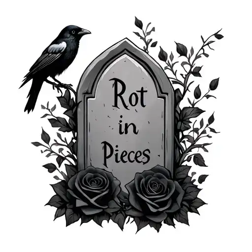 a tombstone with "rot in pieces" with a crow on it and black roses  tattoo design idea