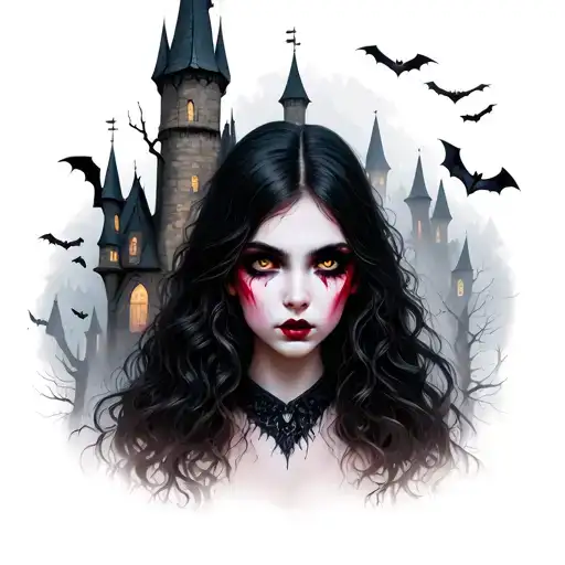 girl vampire. gothic moonlit castle. bats in the air. dead trees. fog tattoo design idea