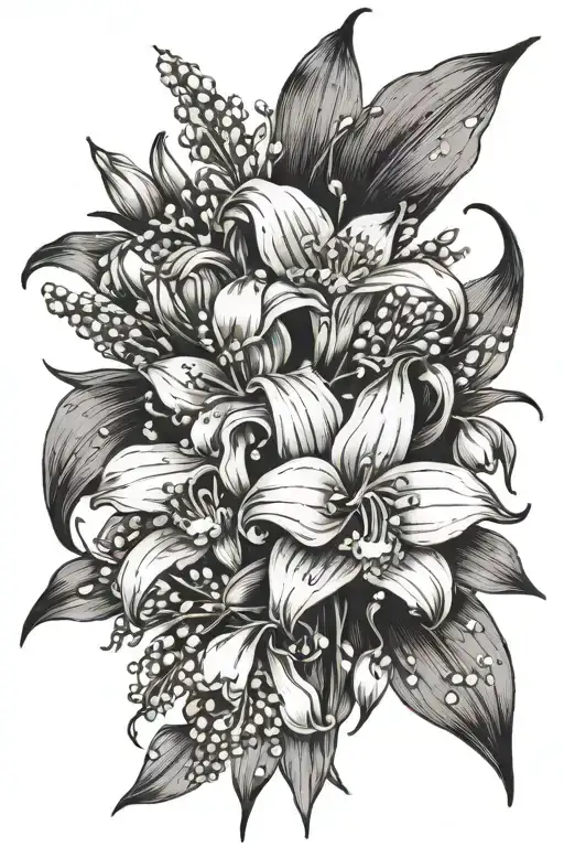 lily flower bouquet lilac lily of the valley fine line  tattoo design idea