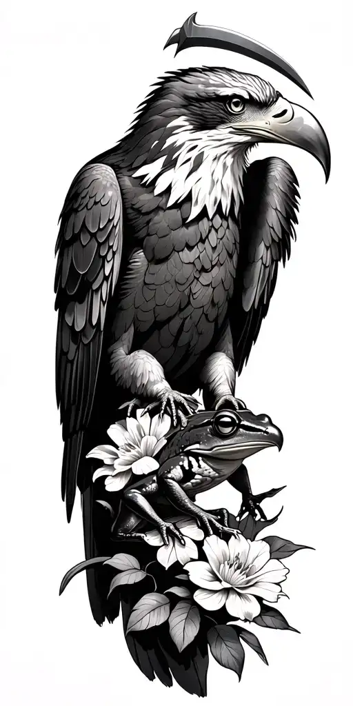 eagle holding a scythe and coqui frog on Japanese flowers tattoo design idea